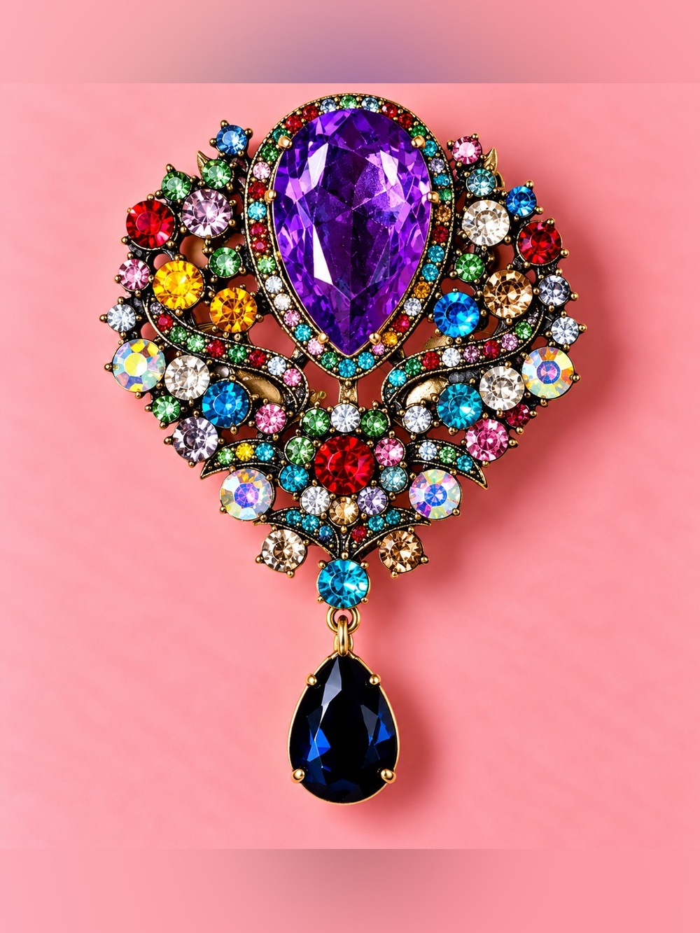 Multicolor Crystal Teardrop Statement Brooch - Unbranded